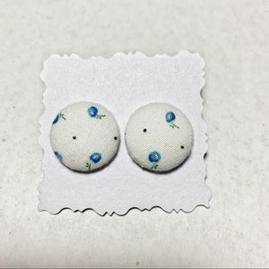 Earrings Blue Vintage Floral Fabric Covered Button Earrings